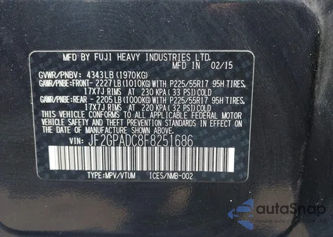 2015 Subaru Xv Crosstrek 2.0I Premium from USA, damaged, VIN JF2GPADC8F8251686